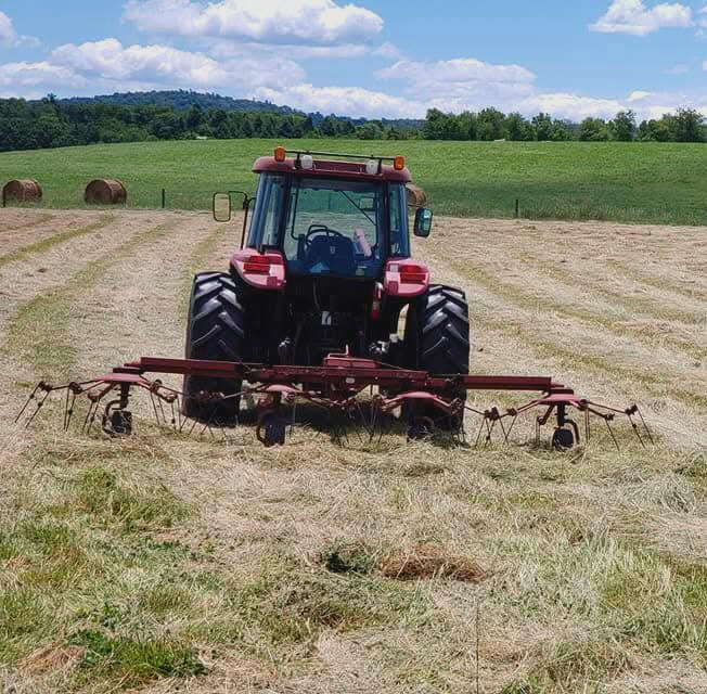 Hay tedder A red tractor runs a hay tedder through a field of mown hay. Finished round bales are visible in the next field over.